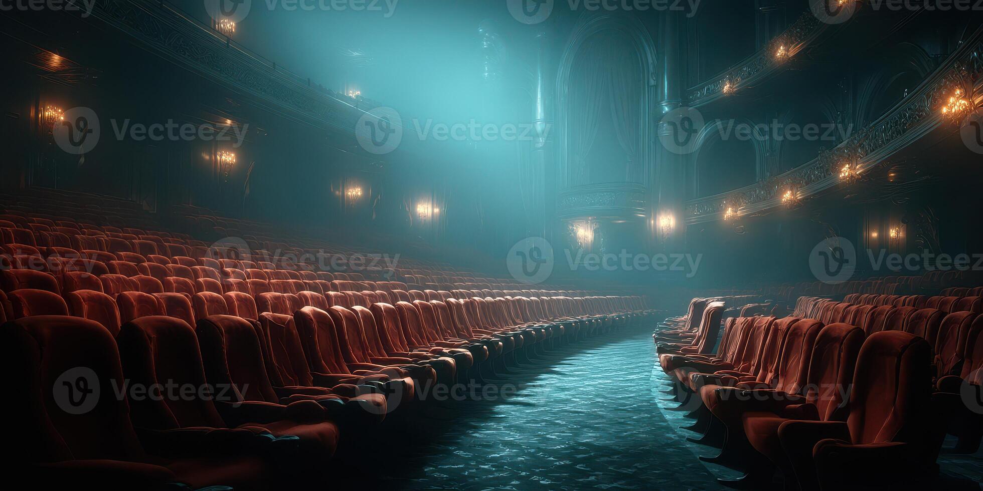 Empty theater with red plush seats illuminated by soft light in a tranquil setting at night photo