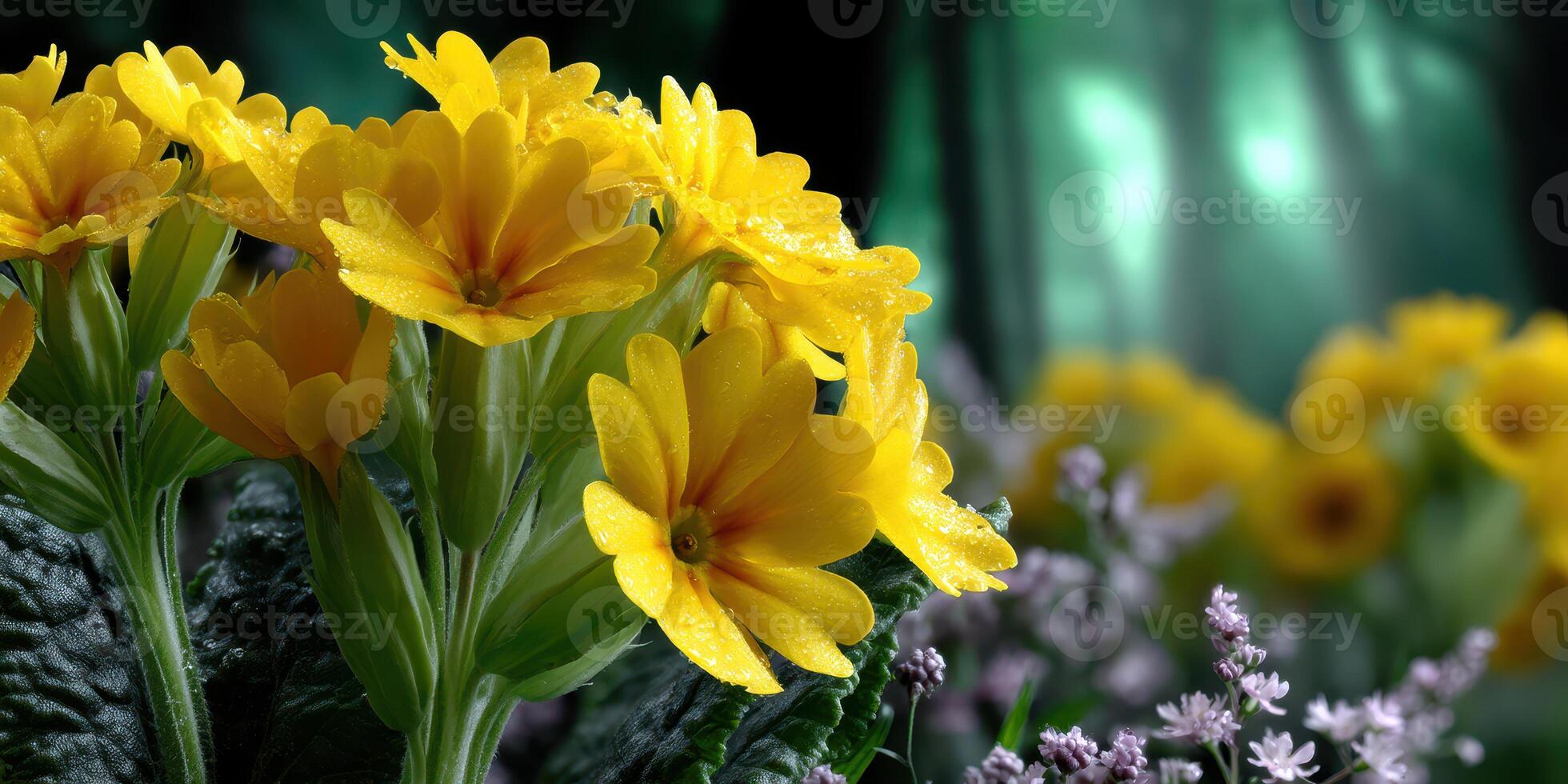 Vibrant yellow flowers bloom in a lush forest setting under soft sunlight during spring photo