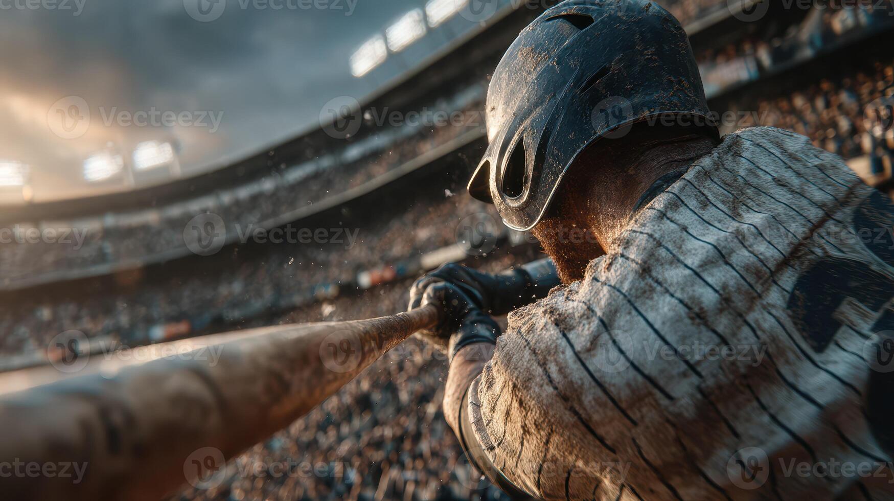 Ball player prepares to swing bat during a game at a baseball stadium under dramatic cloudy skies photo