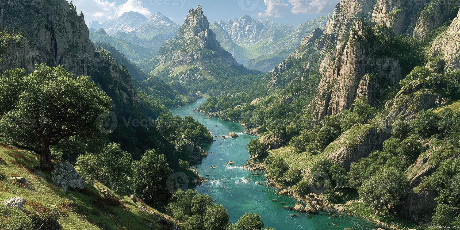 Mountain landscape with river meandering through lush greenery and rugged cliffs under clear blue sky photo