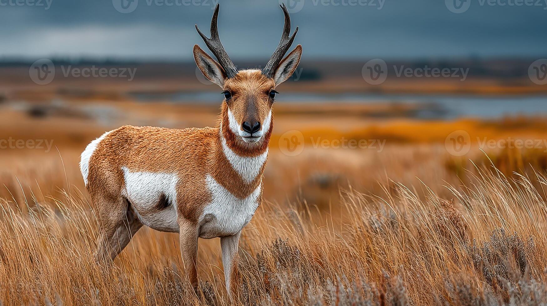 Pronghorn antelope standing in tall grass during a cloudy day in a natural landscape photo