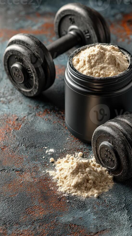 Protein powder and dumbbell on textured surface for fitness enthusiasts and nutrition seekers in a home gym setting photo