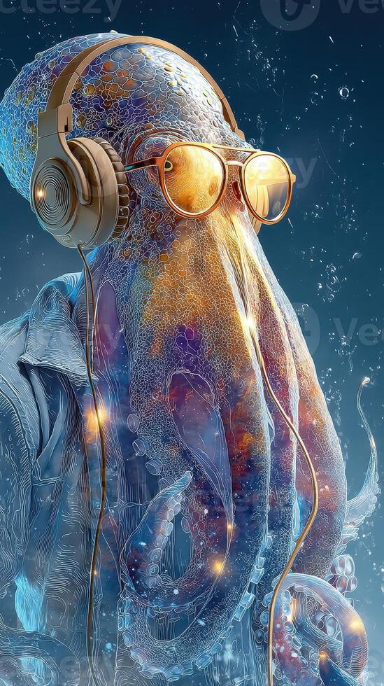 Creative octopus wearing glasses and headphones, showcasing a blend of colors and underwater elements in a whimsical environment photo