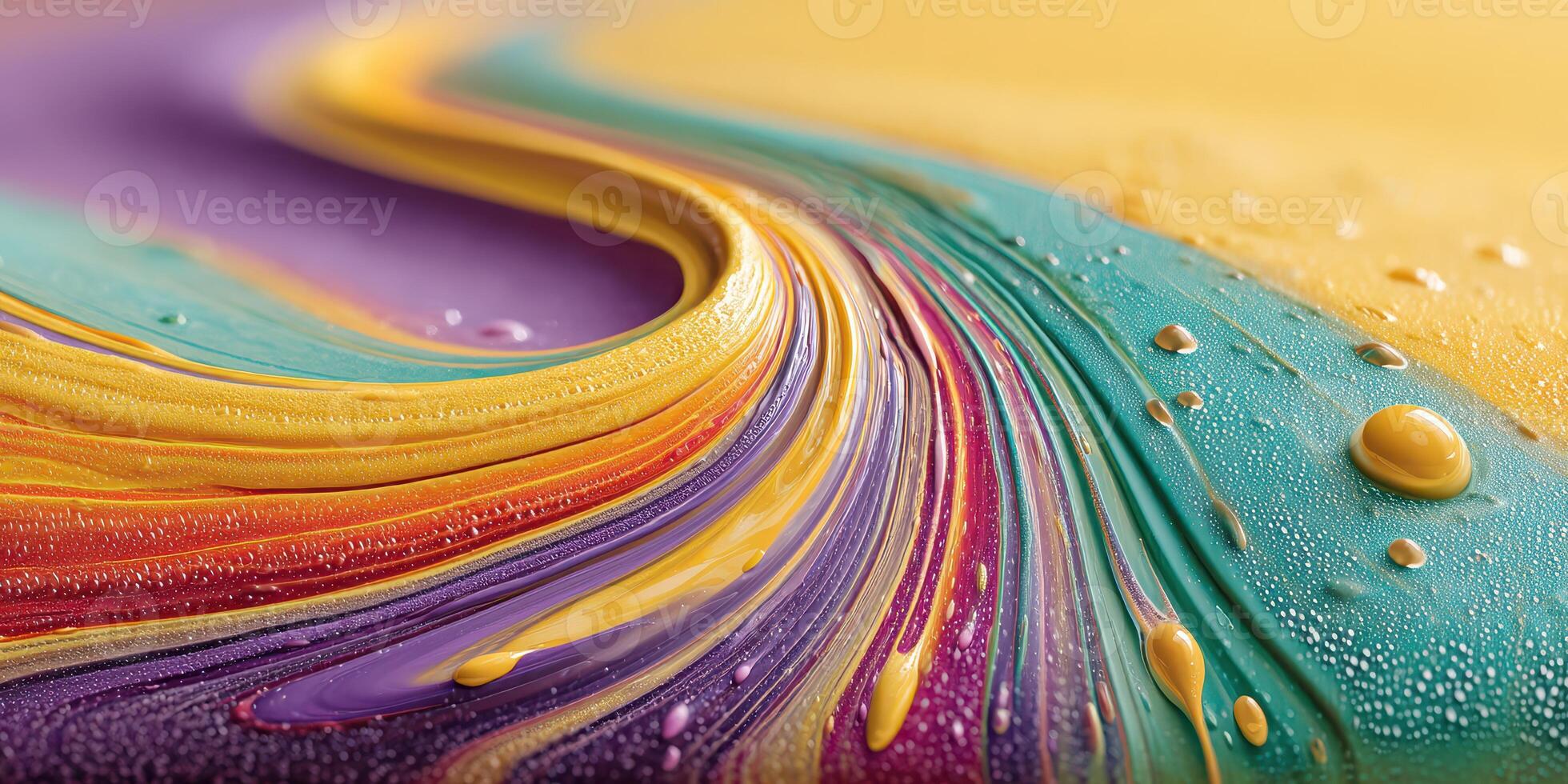 Colorful abstract swirl with vibrant hues and droplets on smooth surface in bright light photo