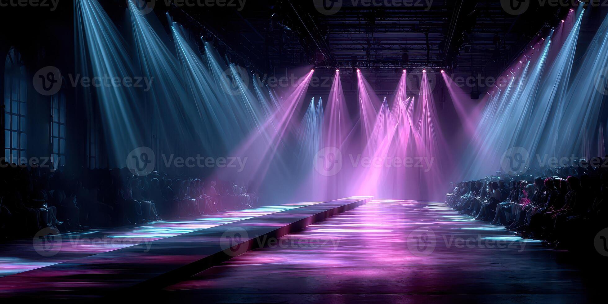 Bright lights illuminate a fashion runway during a vibrant event in an urban location at night photo