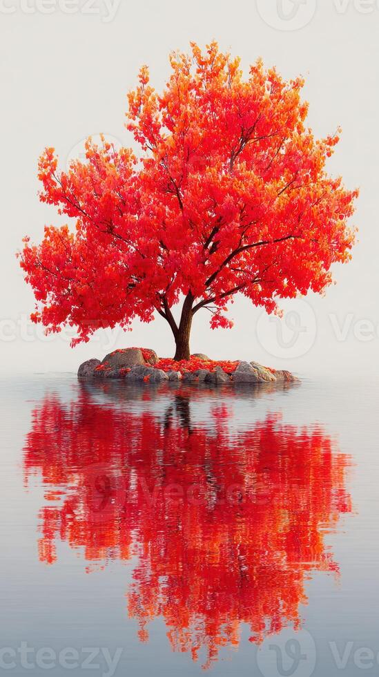 Vibrant red tree stands proudly on a small island amidst still water at dawn photo