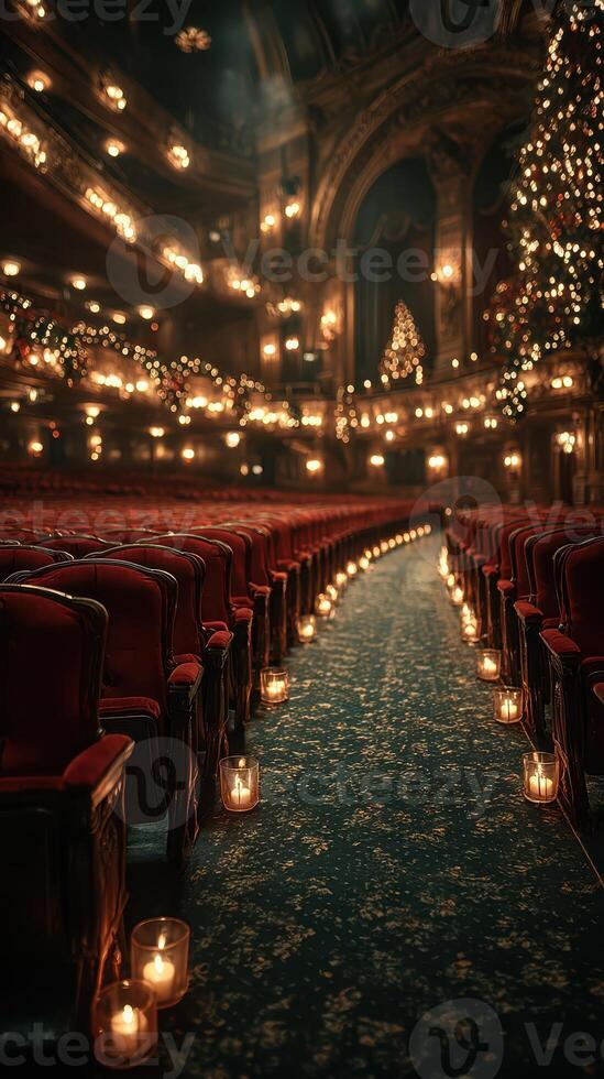 Grand theater adorned with warm lights and candles creates a cozy atmosphere for evening performances photo