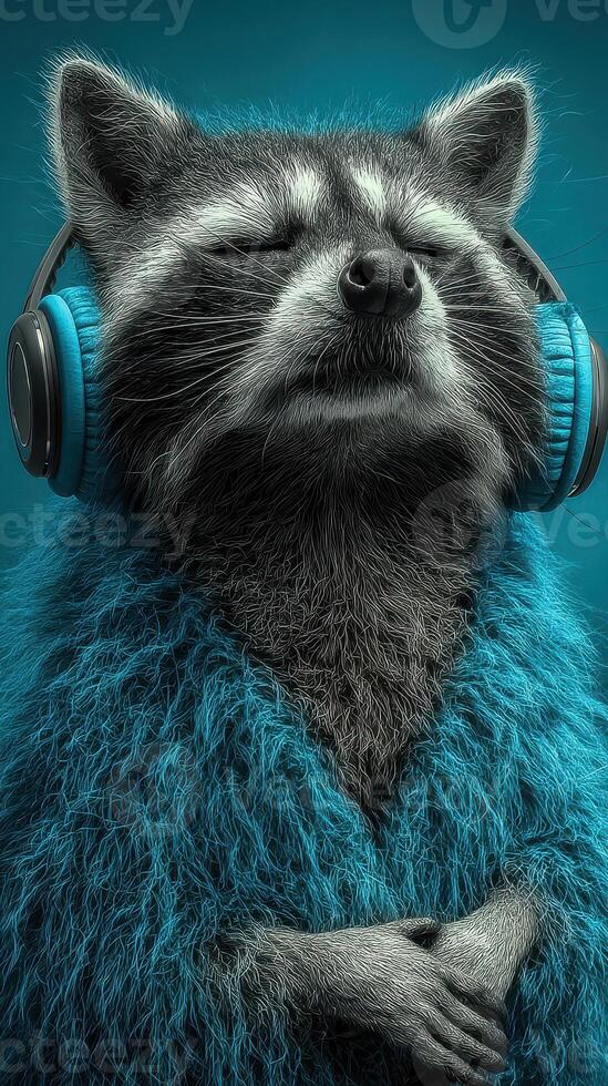 Raccoon wearing headphones dressed in a fluffy blue shawl enjoys music in a vibrant setting photo