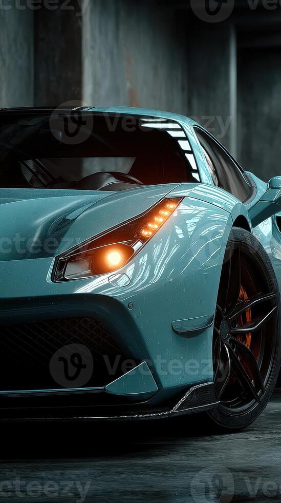 Stylish turquoise sports car with sleek design and glowing headlights in a dimly lit garage setting photo