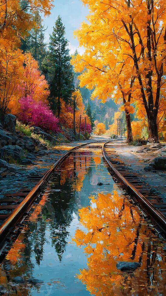 Vibrant autumn colors reflecting on tranquil water along a scenic railway path surrounded by trees in a serene forest setting photo