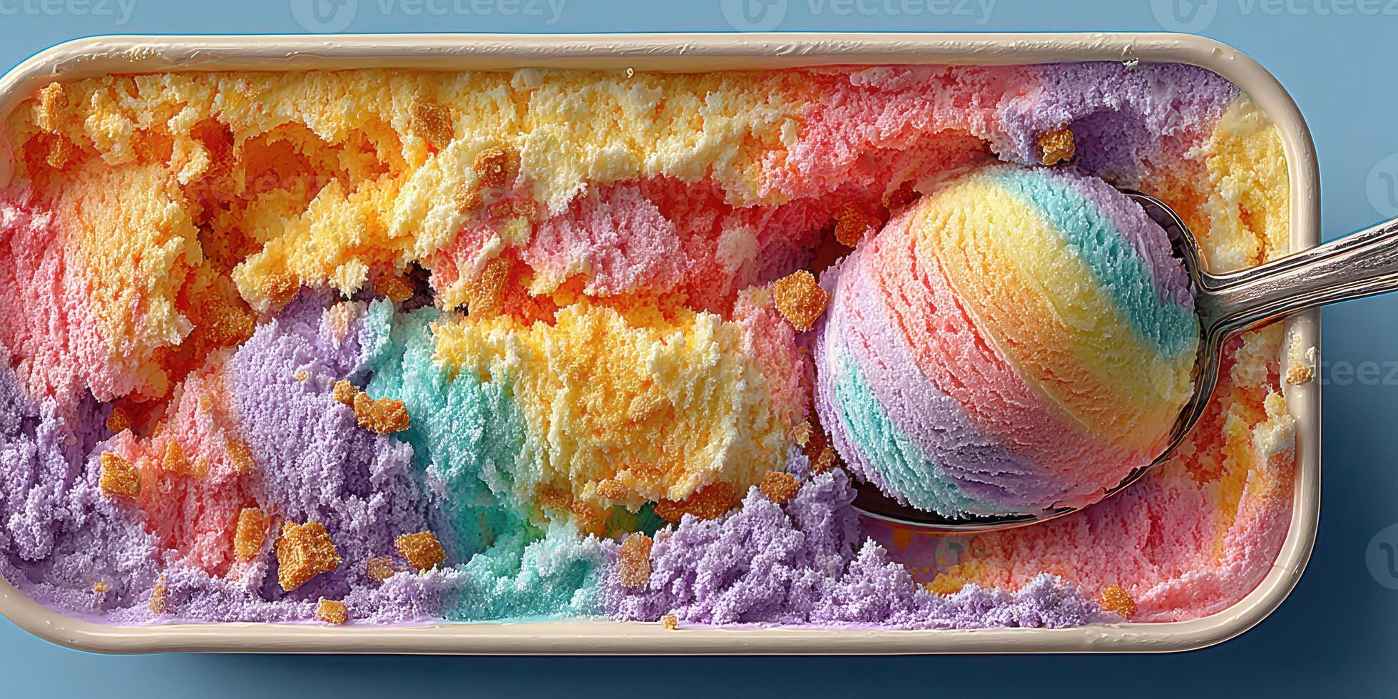 Colorful ice cream served in a large tub with a metal scoop resting on the vibrant layers in a well-lit kitchen setting photo