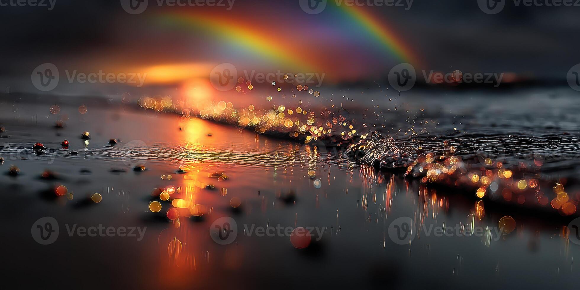 Colorful rainbow arches over shimmering waves and golden sunset reflecting on the wet beach during twilight photo