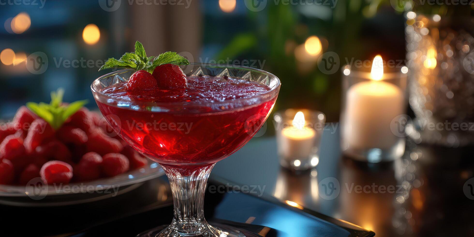 Refreshing raspberry cocktail served in an elegant glass with fresh fruit and candles at a cozy evening gathering photo