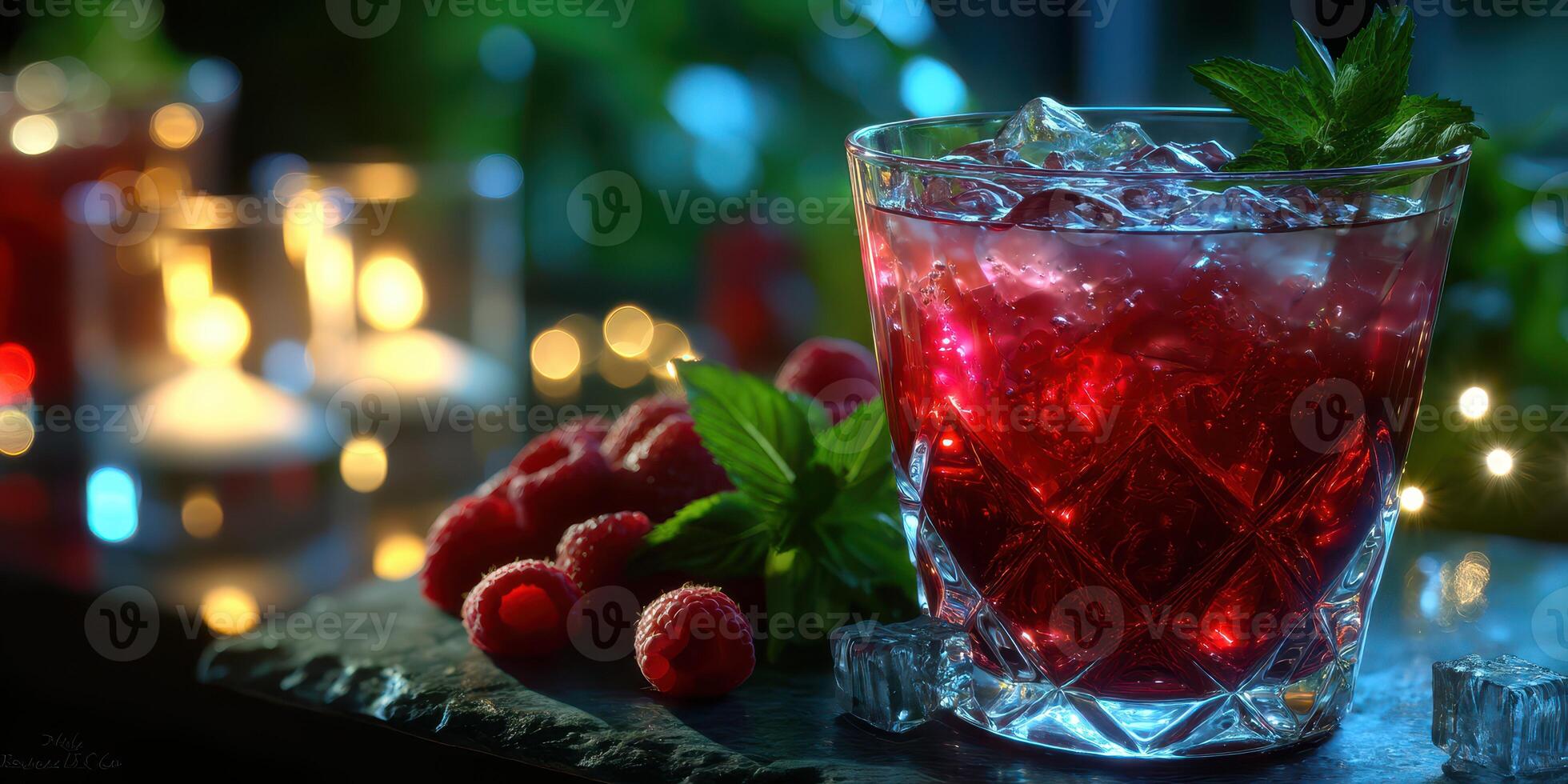 Refreshing raspberry drink with ice and mint garnished in a glass at a cozy evening setting photo