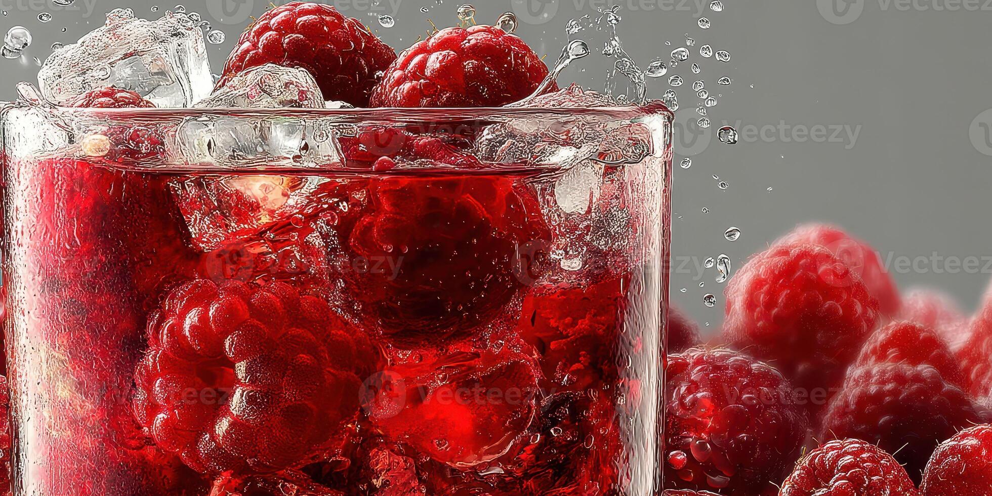 Fresh raspberries and ice create a vibrant drink in a transparent glass with water splashes photo