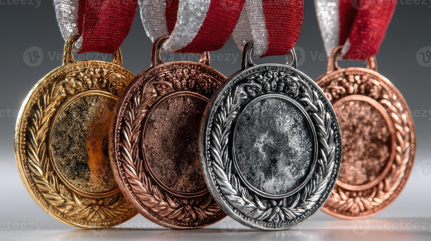 Winners display their achievements with gold, silver, and bronze medals hanging on colorful ribbons at a recent competition event photo
