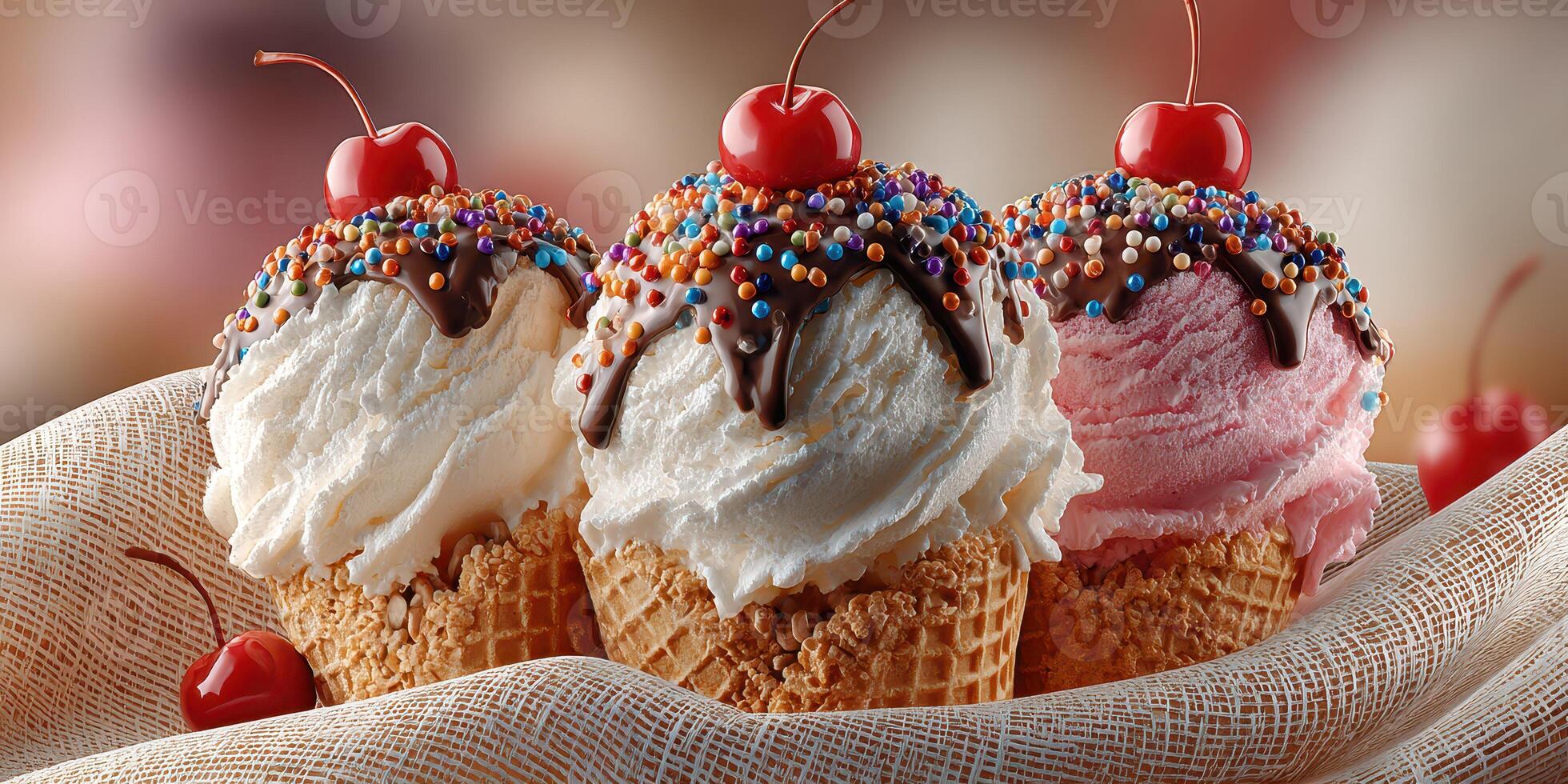 Three colorful ice cream cones topped with cherries and sprinkles on a decorative cloth photo