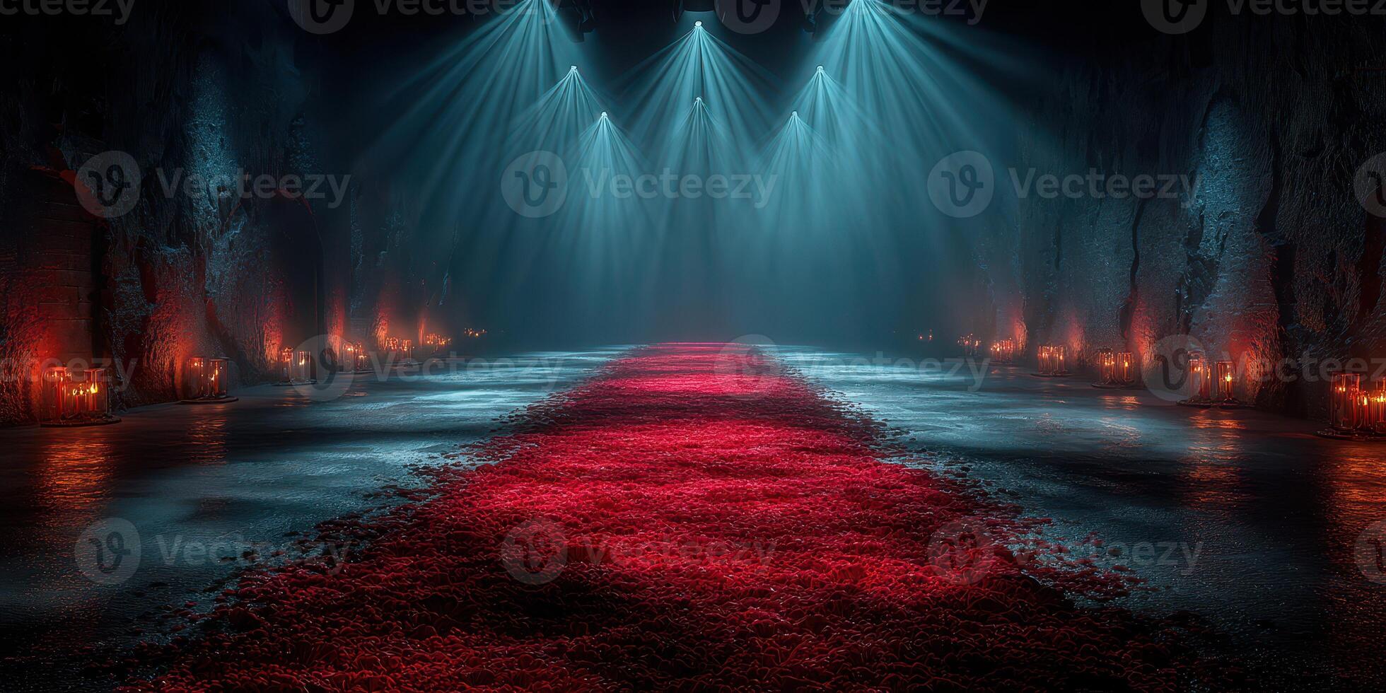 Mysterious underground venue illuminated with dramatic lighting and a red pathway covered in petals photo