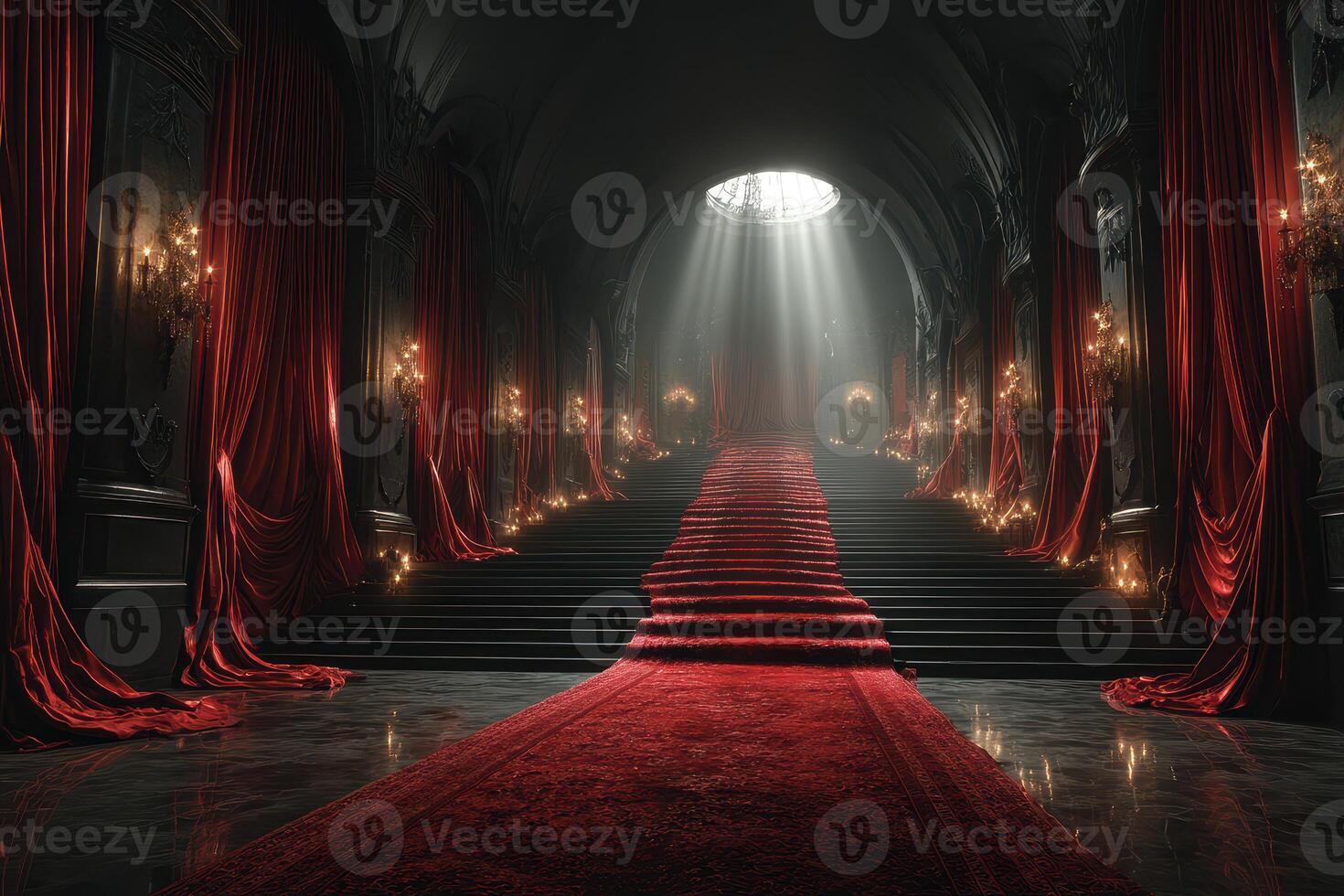 Elegant staircase adorned with red drapery and candles in a grand dimly lit hall photo