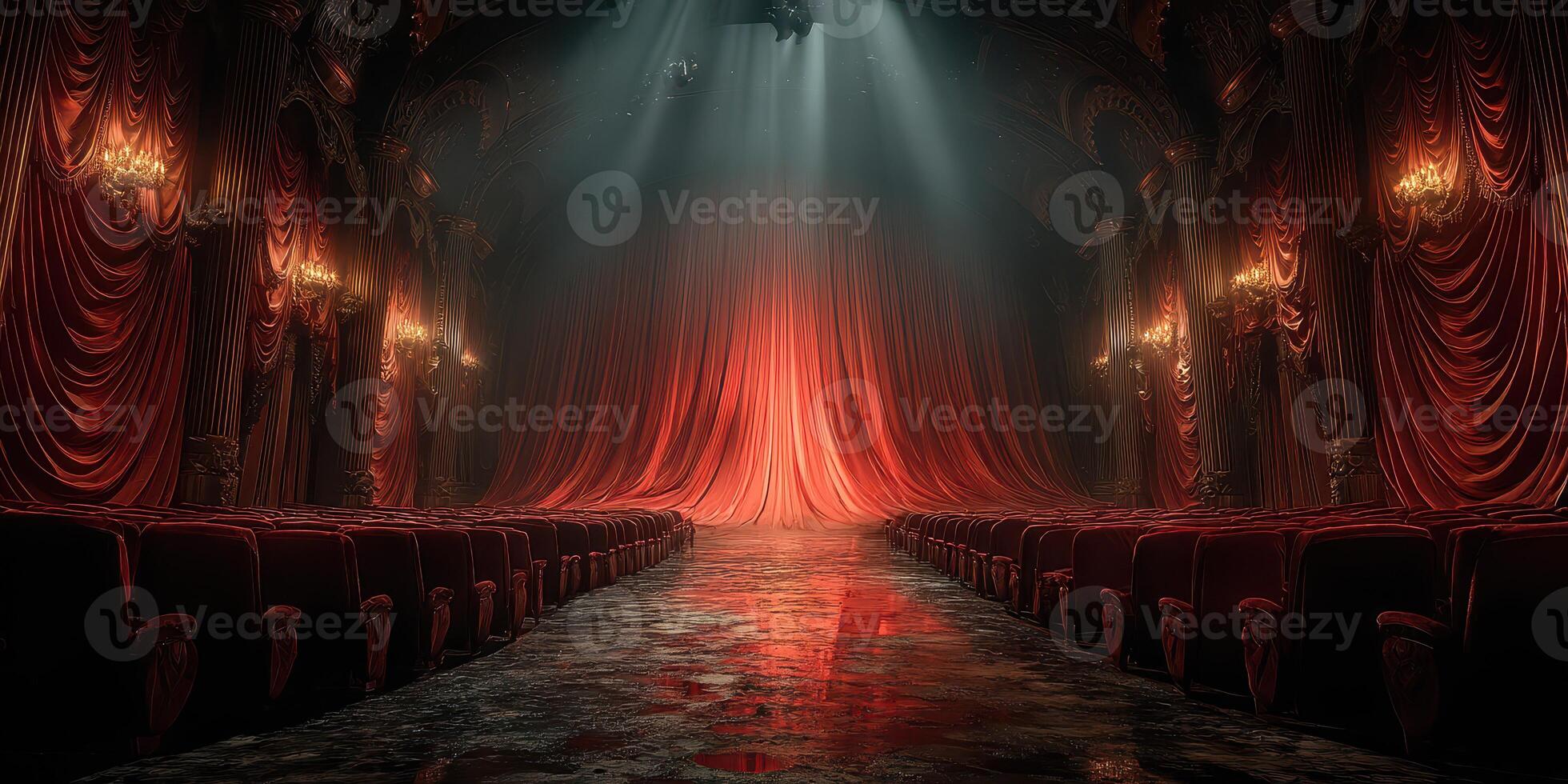 Red curtains create a dramatic atmosphere in an elegant theater before a performance photo