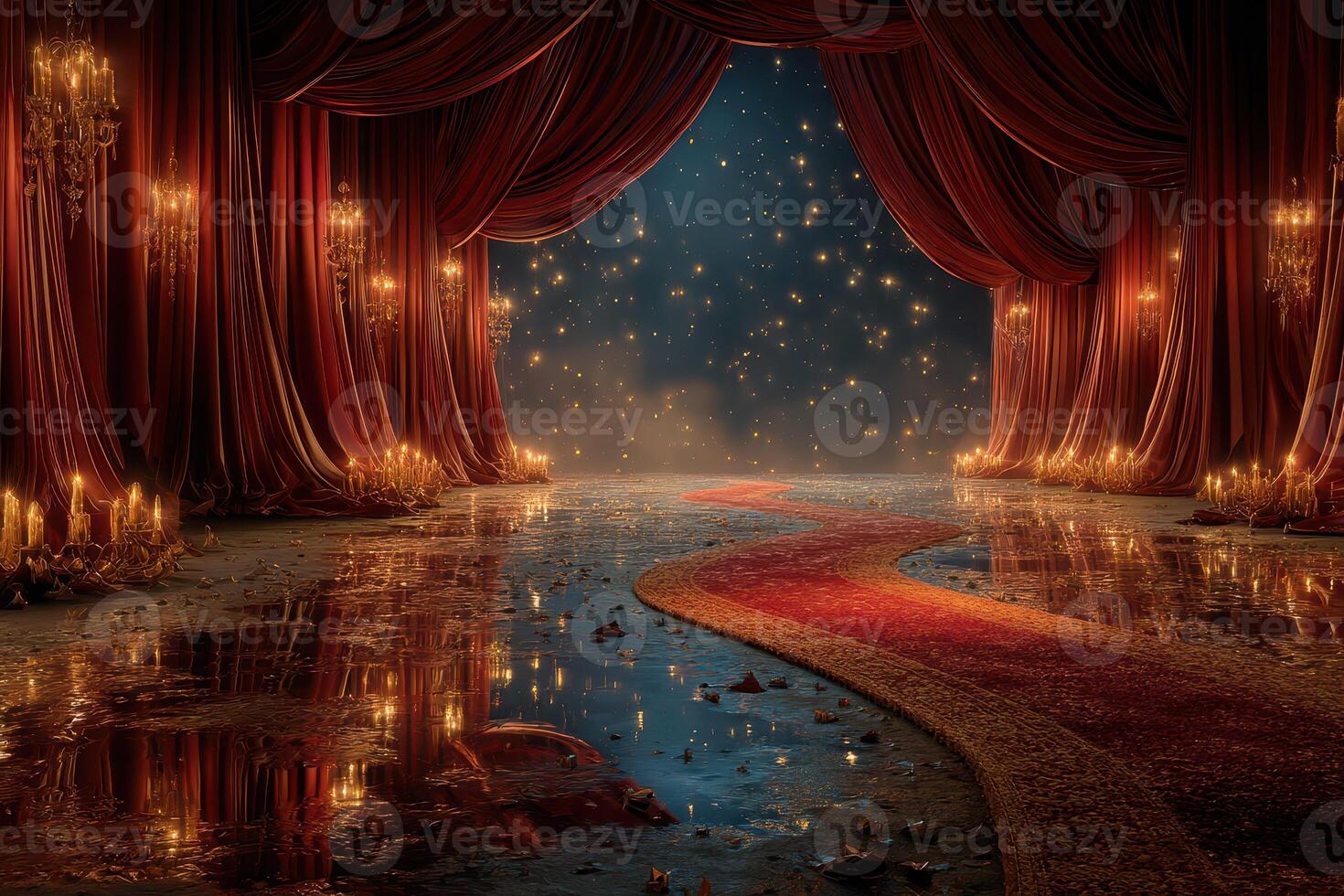 Elegant red curtain stage setting with shimmering lights and reflections during a nighttime performance photo