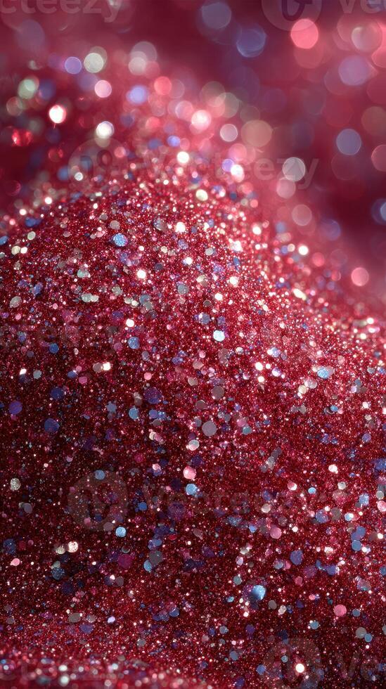 Sparkling red glitter shimmers brightly under soft light creating a mesmerizing effect in a close-up view photo