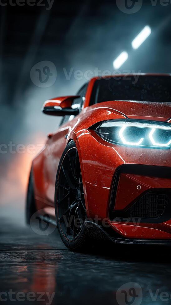 Red sports car gleaming under dramatic lighting in warehouse setting during nighttime photo