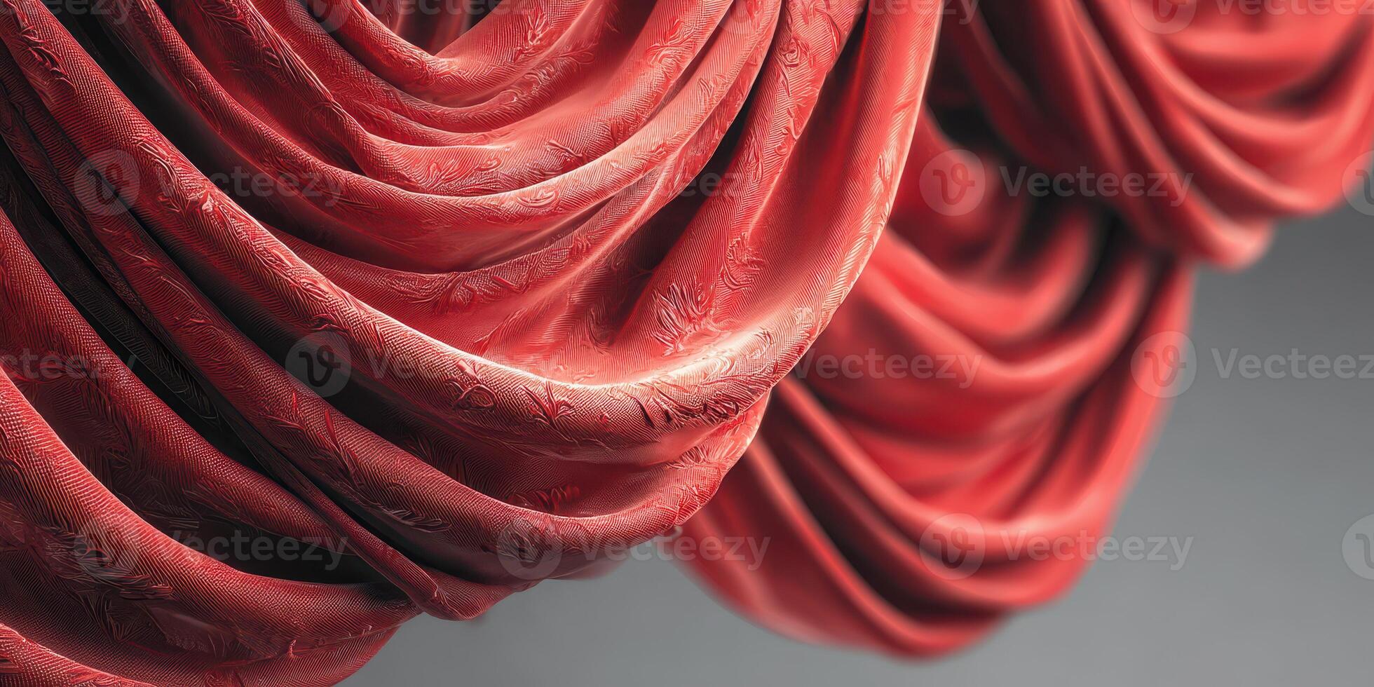 Elegant red fabric drapes showcasing intricate textile patterns and textures in a modern interior setting photo