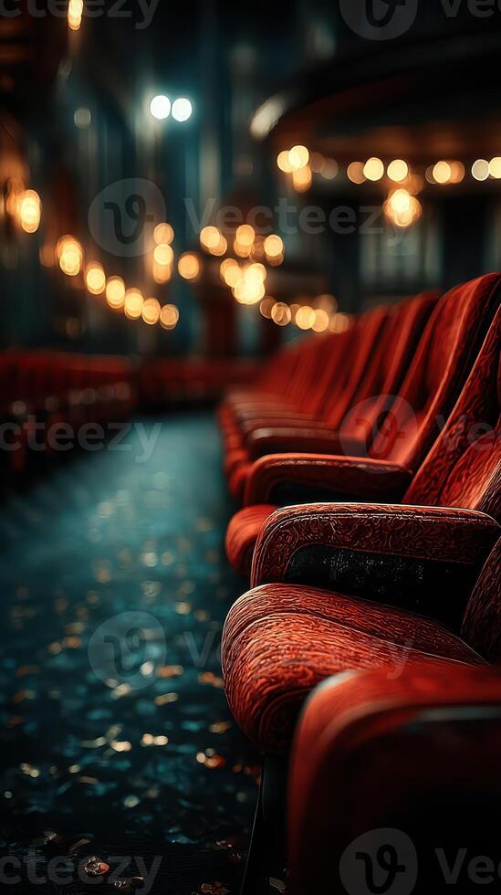 Elegant red theater seats arranged in an ornate venue with soft lighting creating a warm atmosphere photo
