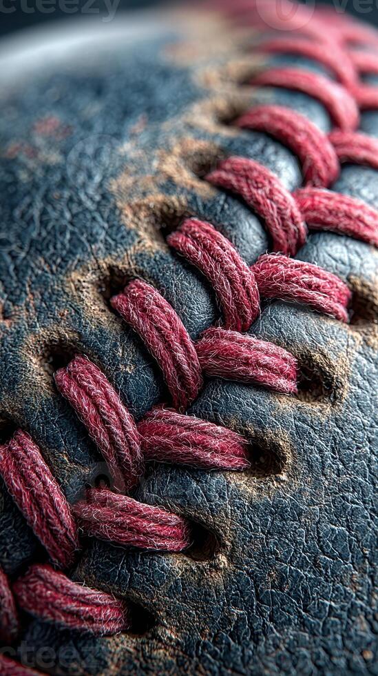 Close-up view of a worn baseball showcasing detailed stitching and texture under natural light photo