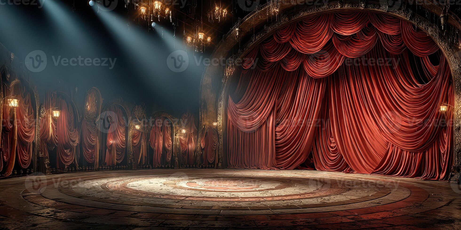 Elegant theater stage with rich red curtains and soft lighting ready for a captivating performance photo