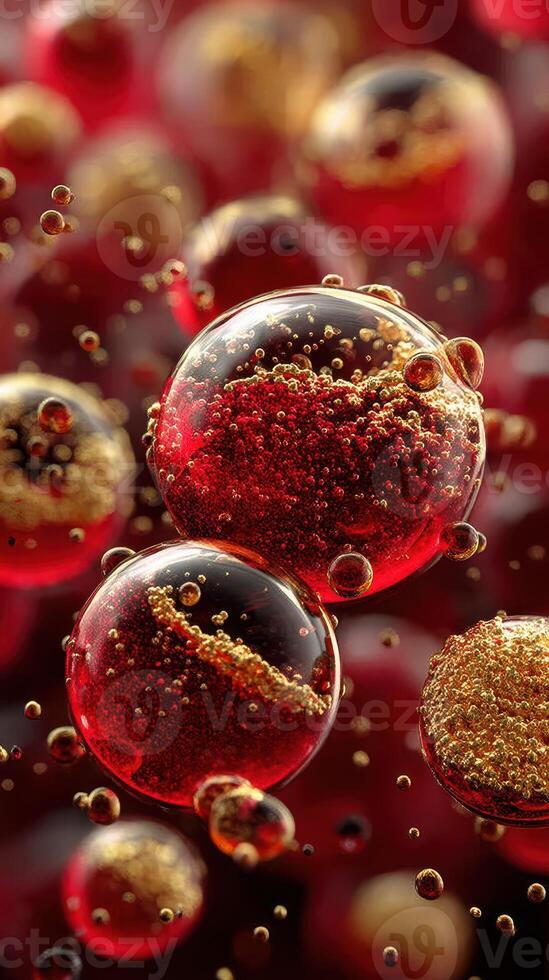 Colorful bubbles and particles suspended in liquid create an intriguing abstract pattern photo