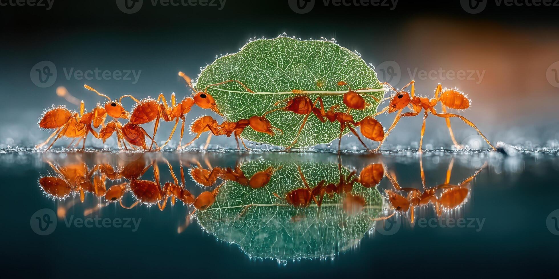 Ants working together to carry a leaf in a close-up view reflecting on water at dawn photo