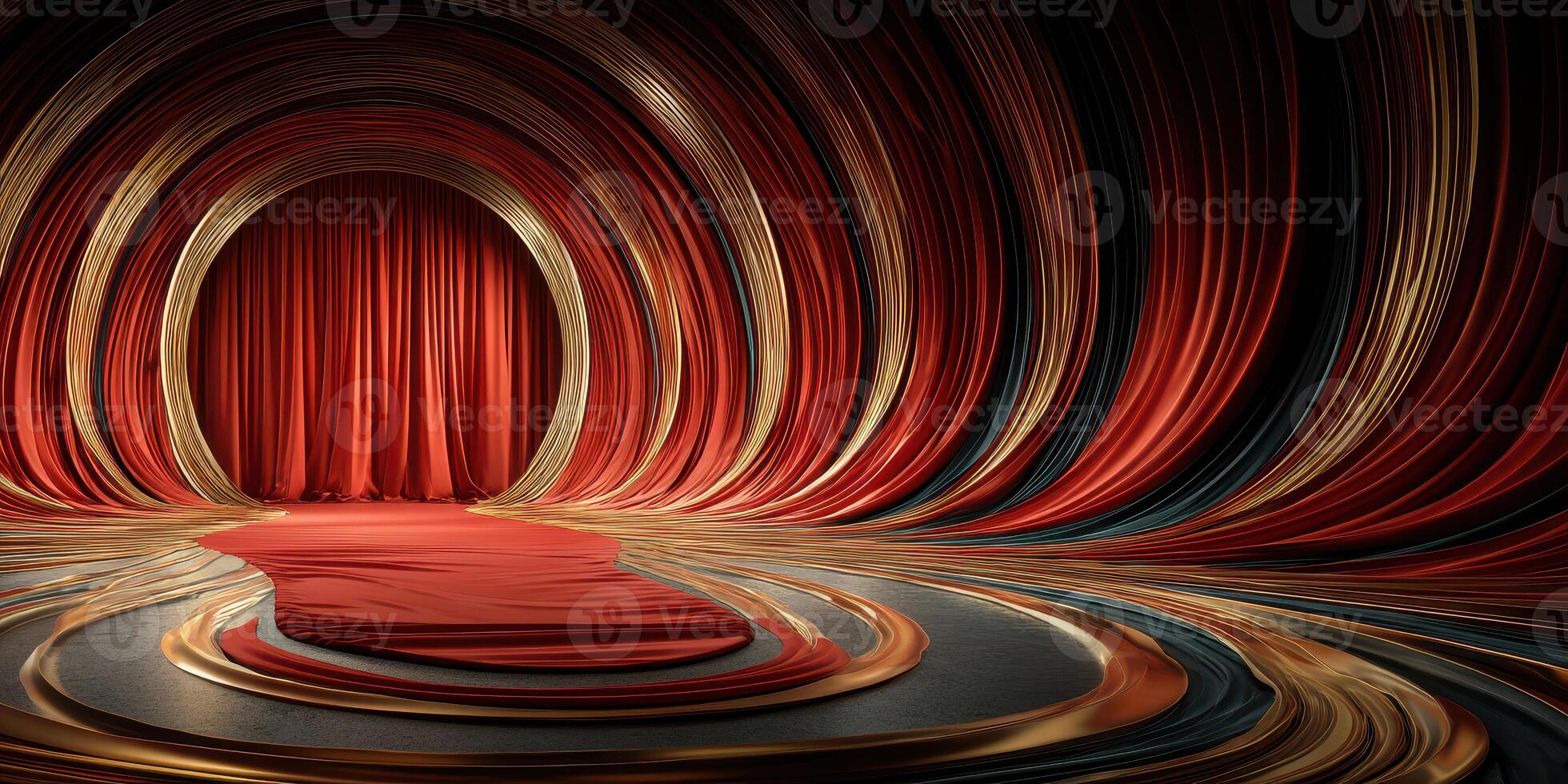 Stunning stage design featuring flowing red curtains and swirling patterns for theatrical performances or events photo