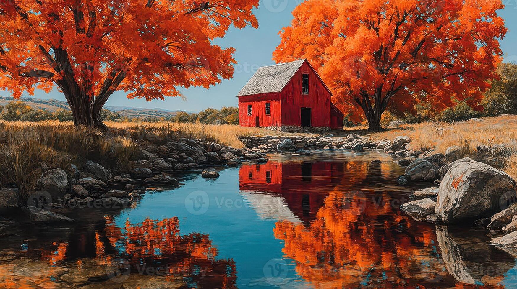 Bright autumn colors surround a red cabin near a tranquil stream in a picturesque landscape setting photo