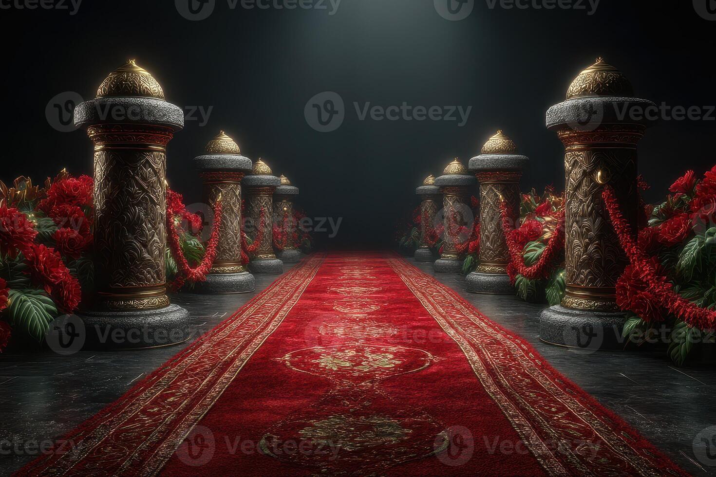 Elegant pathway adorned with pillars and floral arrangements in a dimly lit setting during a ceremonial event photo