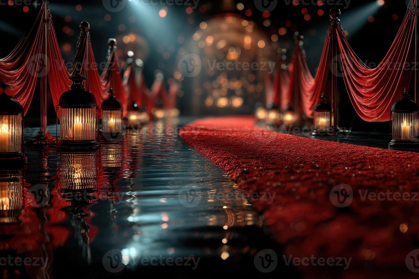 Elegant red carpet pathway lined with lanterns in a glamorous event setting during nighttime photo