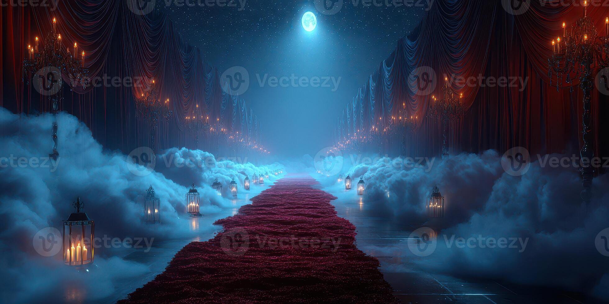 Ethereal pathway illuminated by chandeliers under a full moon surrounded by mist in a grand hall photo
