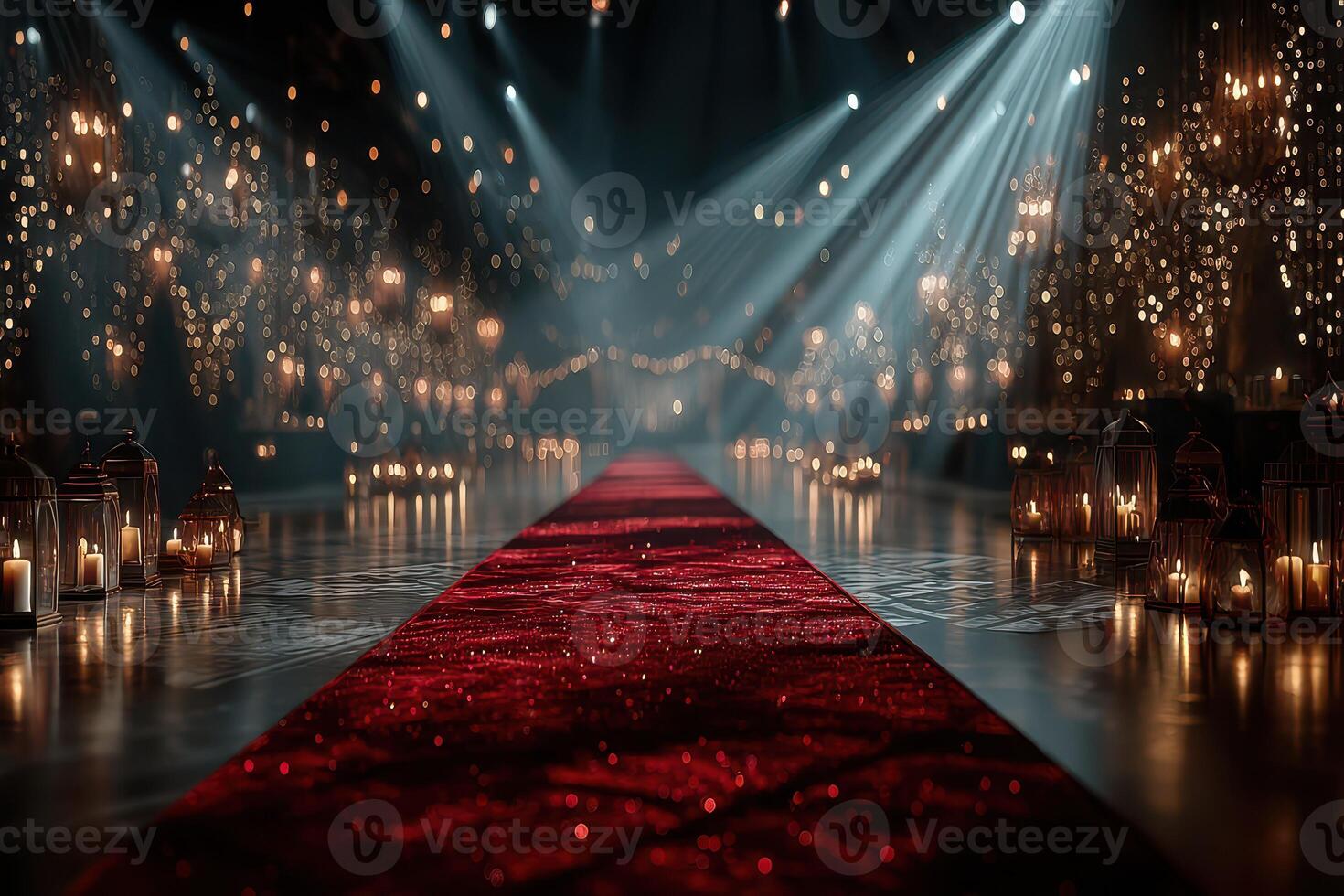 Elegant red carpet event with warm lighting and decorative lanterns creating a festive atmosphere during an evening gala photo