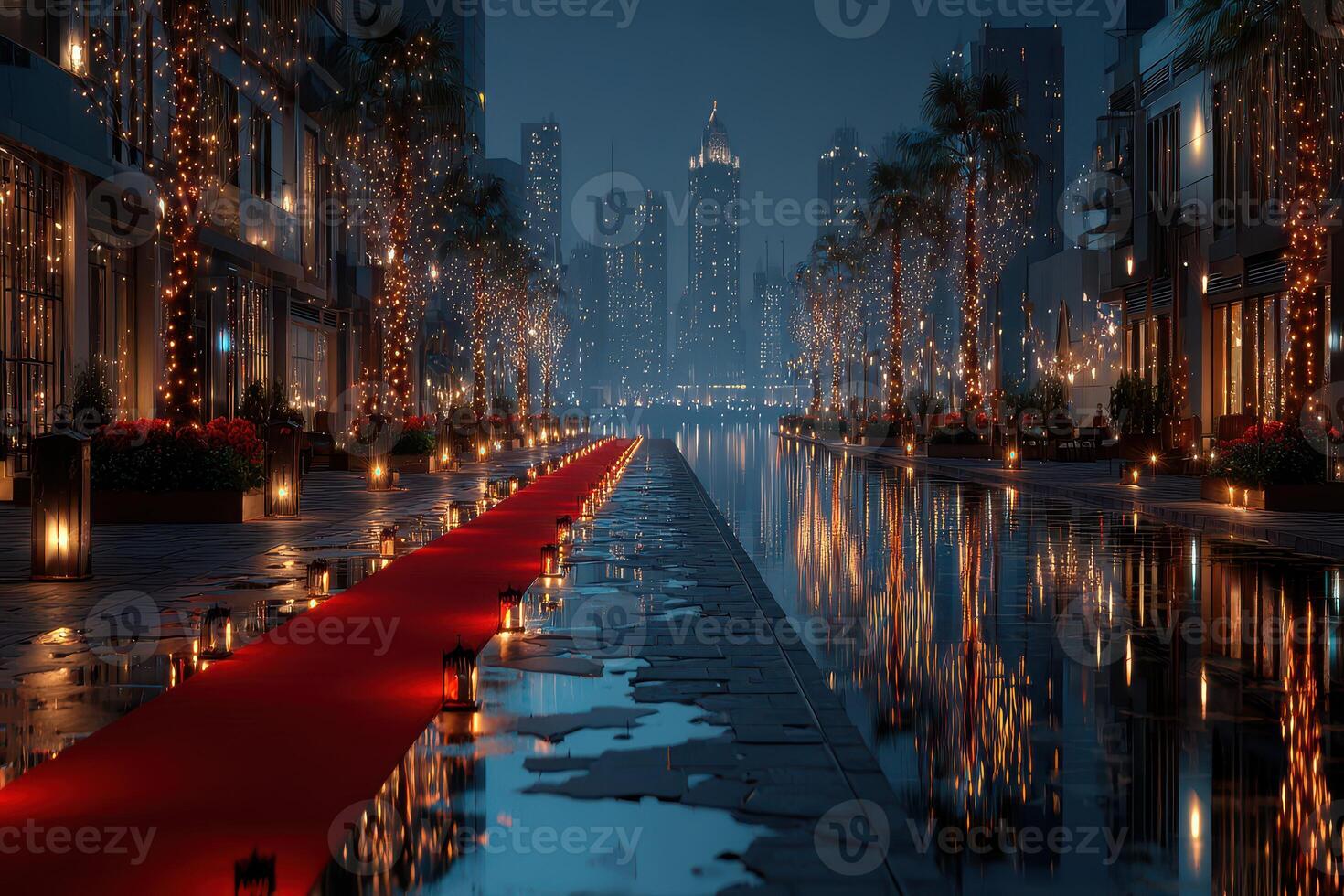 Elegant waterfront evening showcasing a beautifully lit promenade with a red carpet and city skyline photo
