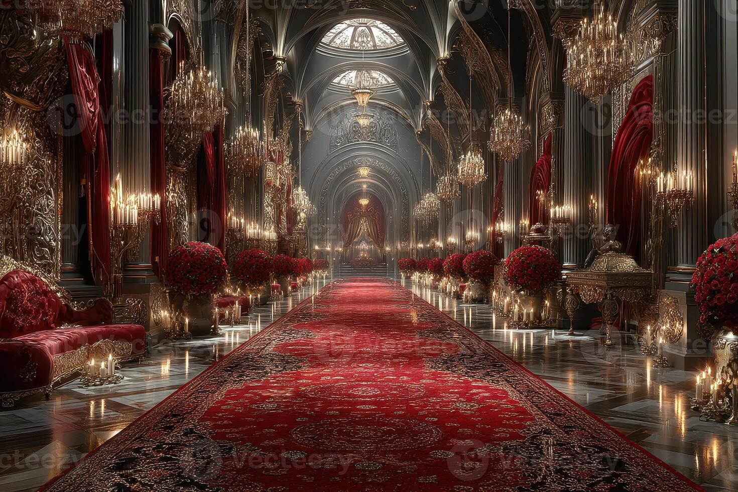 Majestic hallway with chandeliers and red carpet in an opulent castle setting photo
