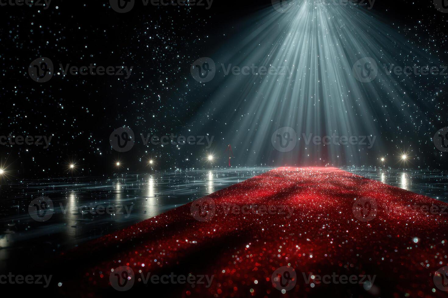 Bright stage illuminated by beams of light with a shimmering red carpet and sparkling particles in a dark venue during a special event photo