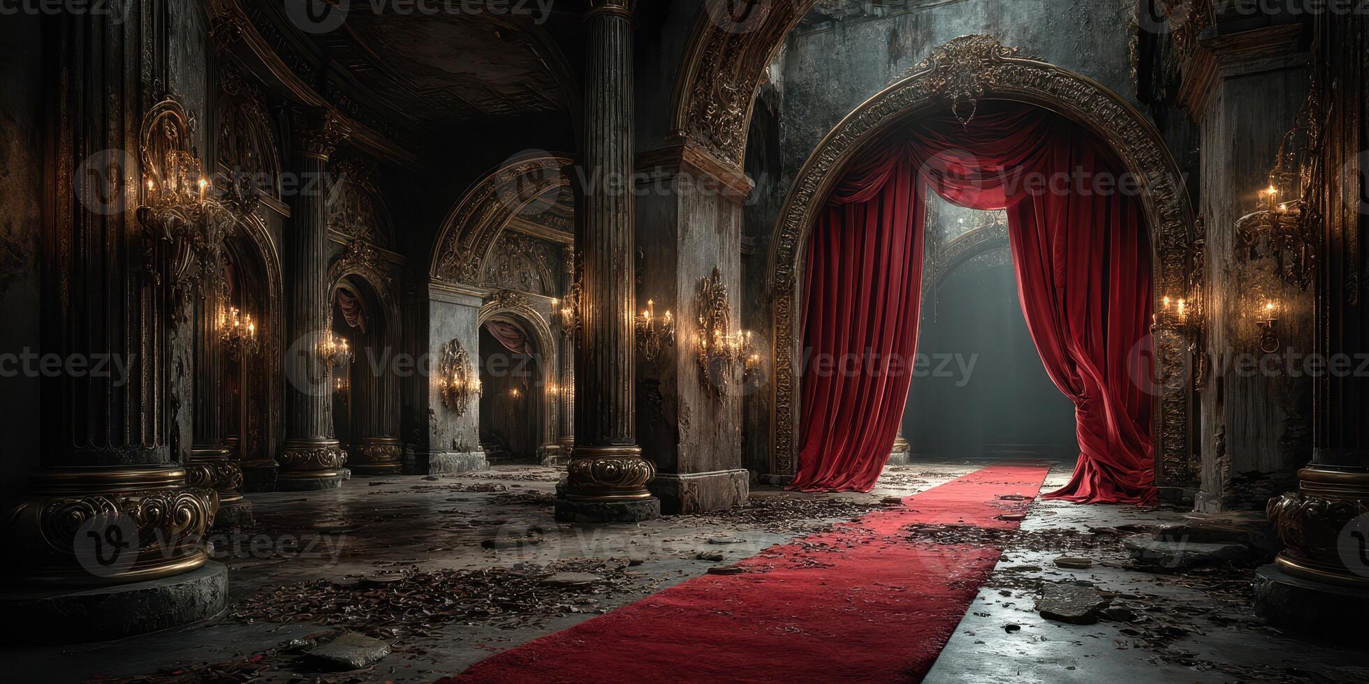 Elegant yet abandoned grand hall with crimson drapes and ornate architecture creating a haunting atmosphere photo