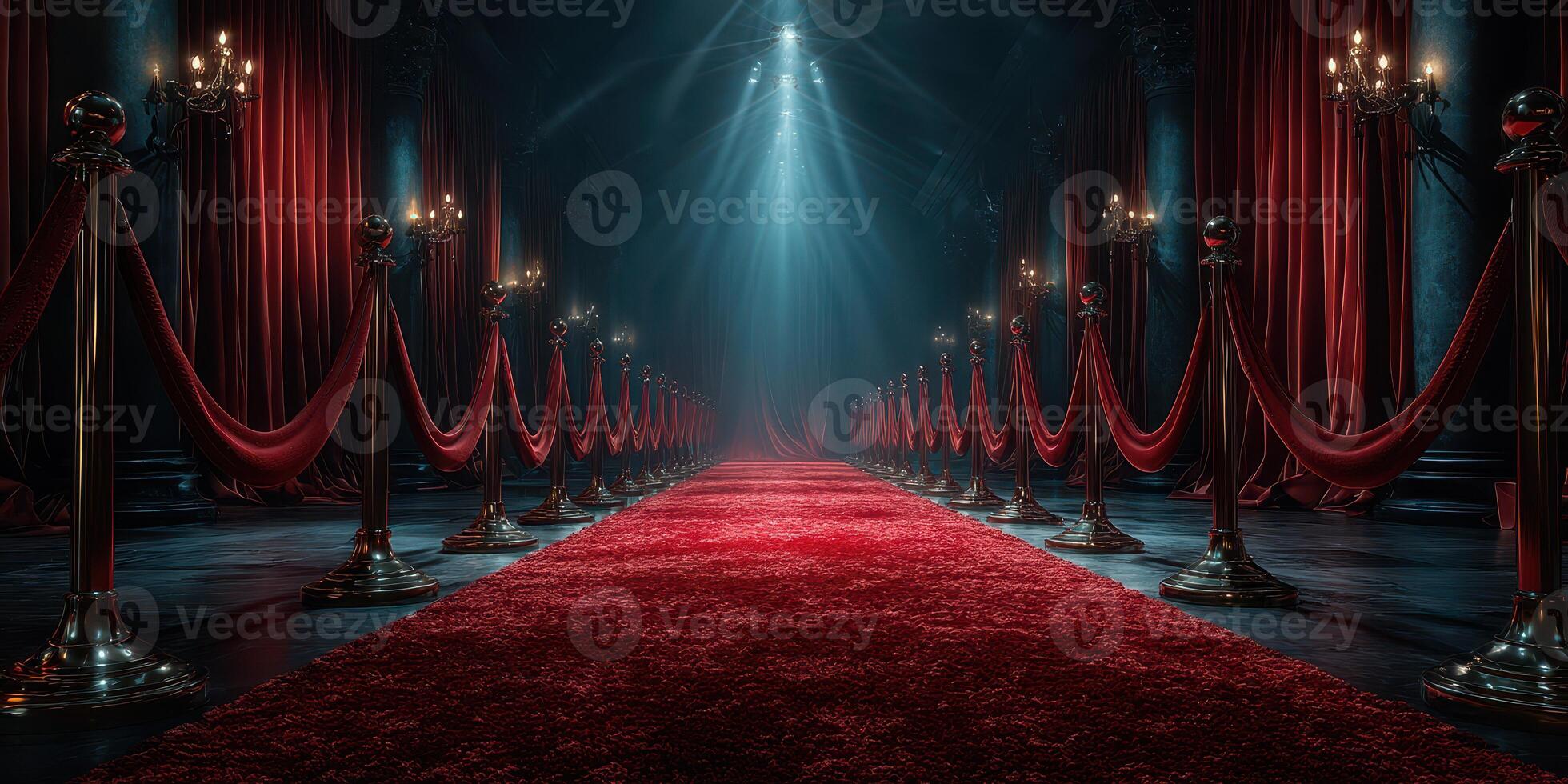 Elegant red carpet entrance illuminated by spotlights in a grand, dark venue with velvet drapes and antique chandeliers photo