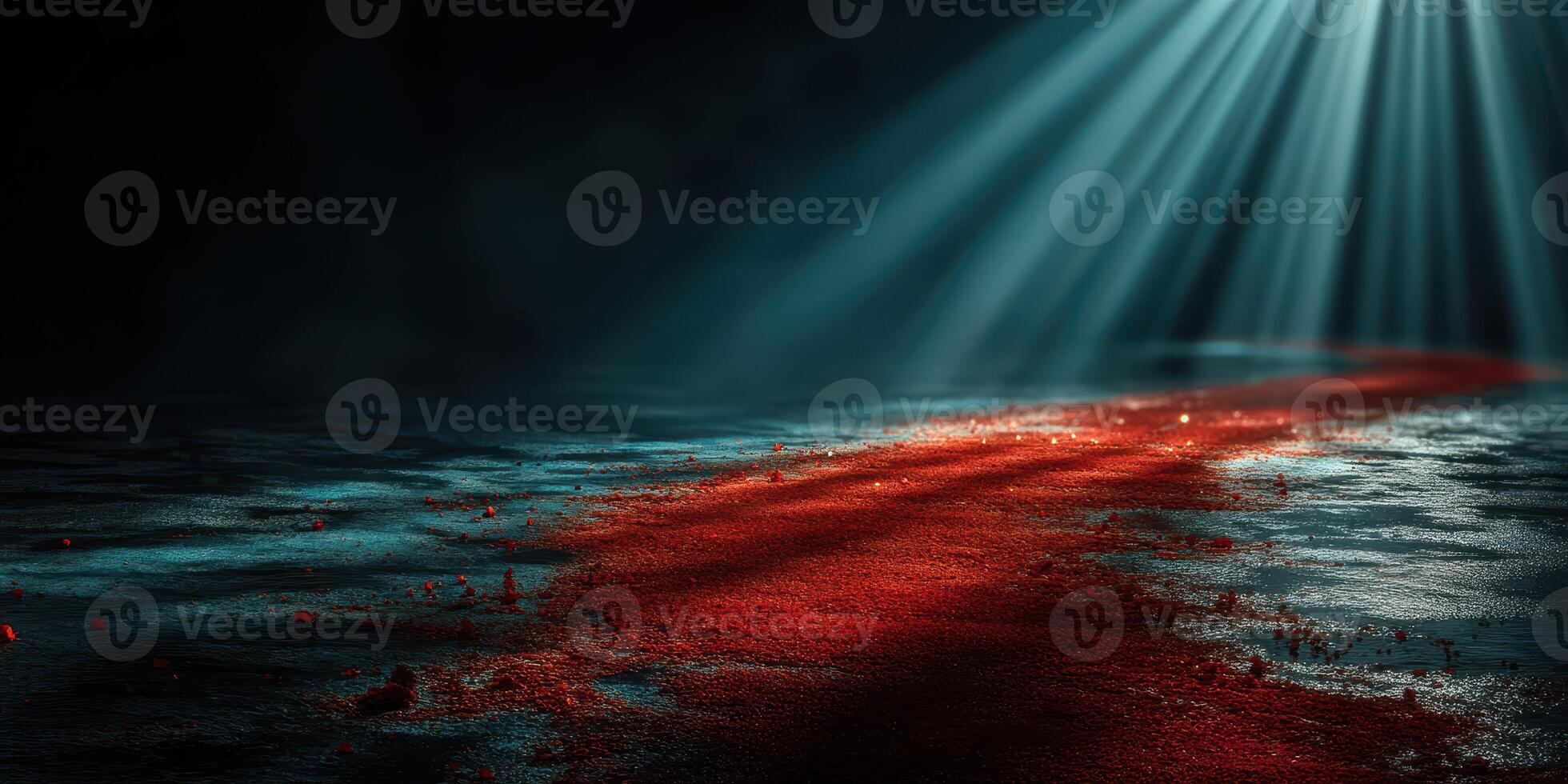 Mystical light illuminating a dark pathway with a vibrant red trail on the ground photo