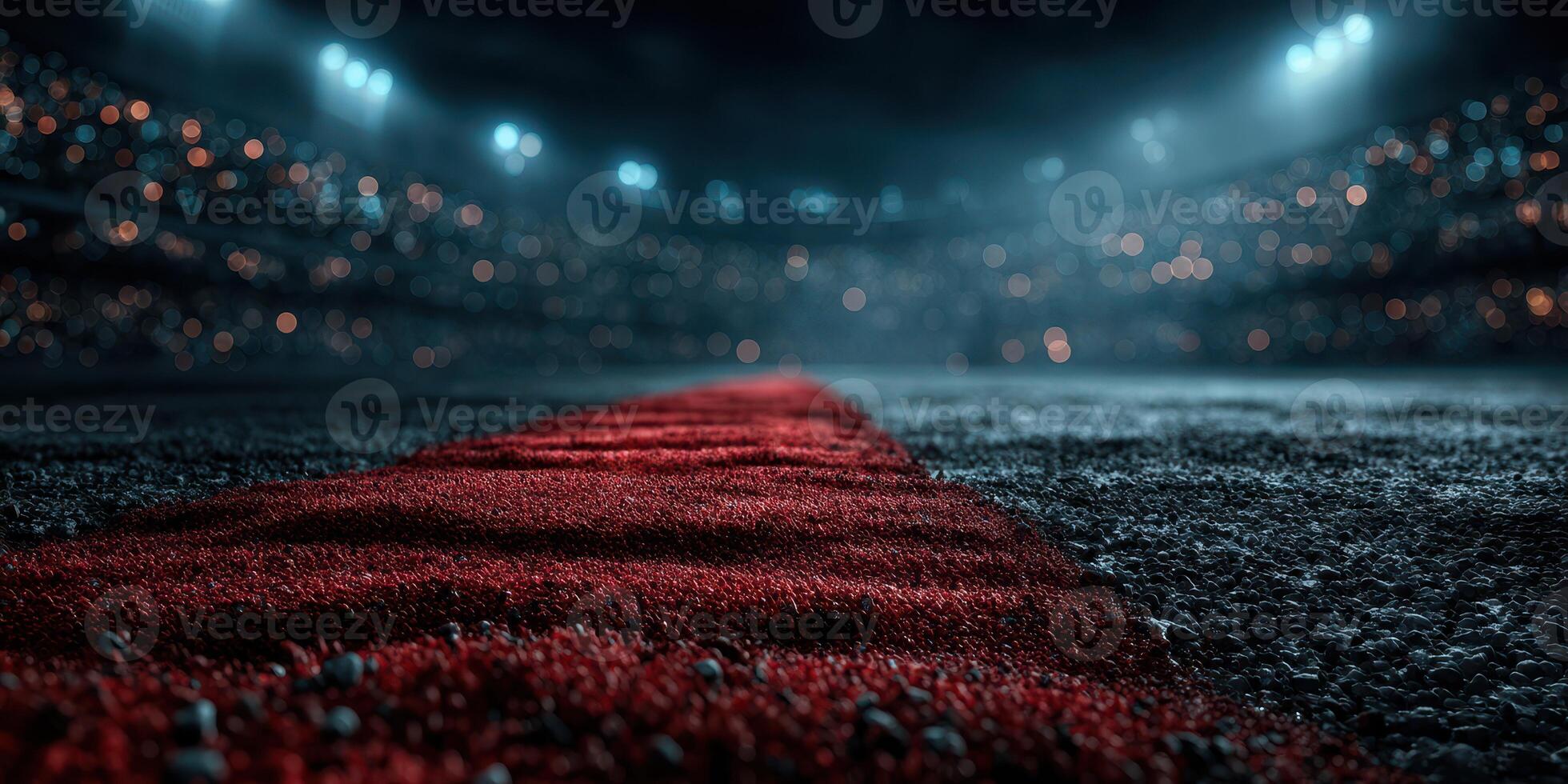Vibrant red carpet leading towards an empty stadium field illuminated by bright lights at night photo