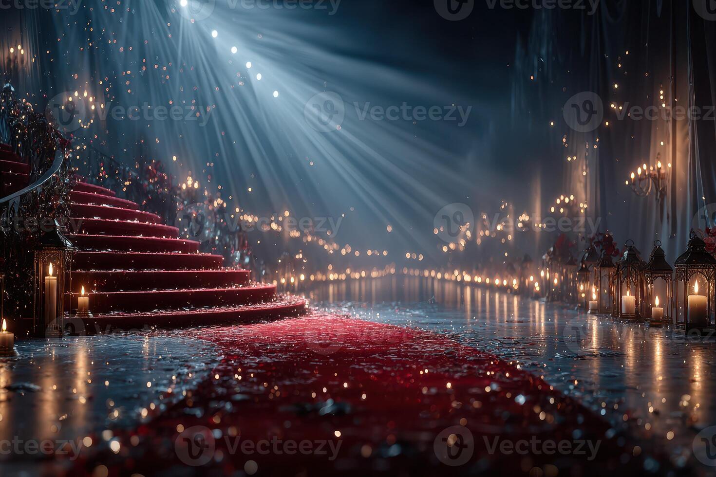 Magical evening atmosphere with glowing lights and a red carpet leading down elegant stairs photo