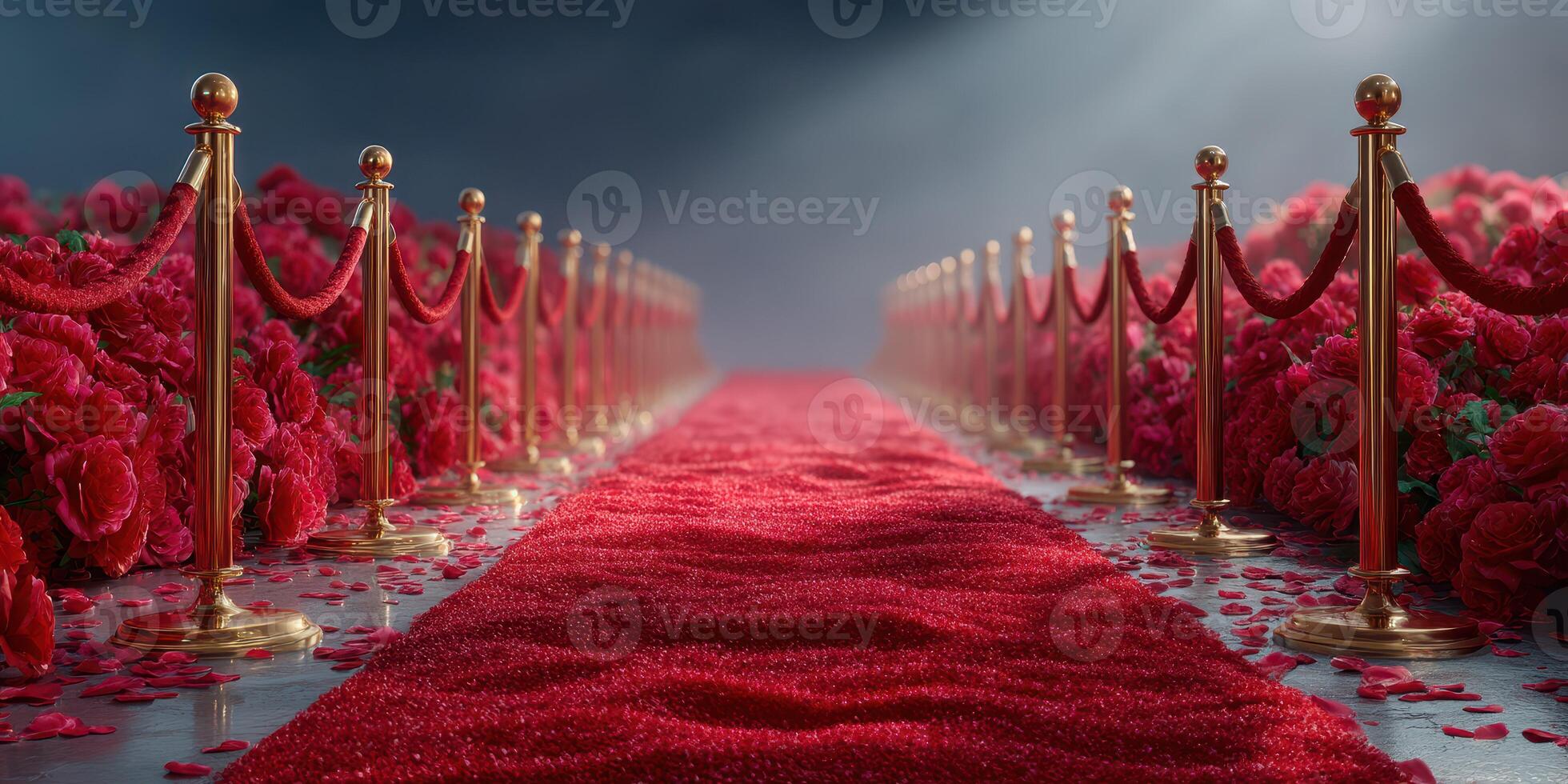 Lavish red carpet pathway surrounded by vibrant roses leading up to an elegant event setting at dusk photo