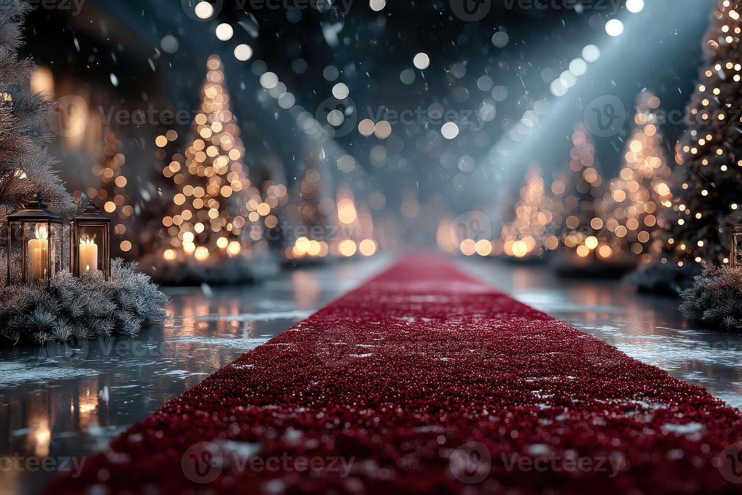 Elegant red carpet pathway lined with festive trees and warm lights in a glamorous holiday setting photo
