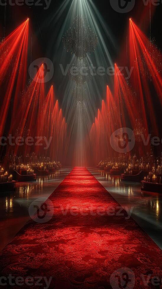 Luxurious red carpet pathway illuminated by dramatic lighting in an elegant venue before a grand event photo